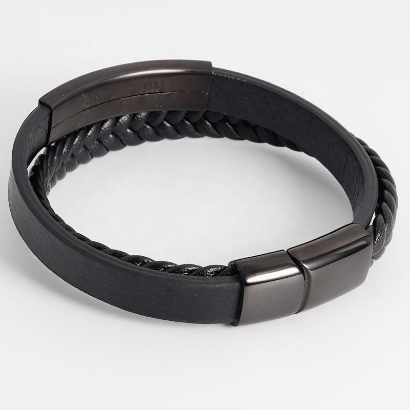 Bracelet en cuir tressé "Cloudy Plate" avec gravure gratuite