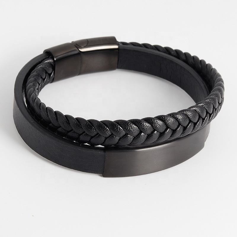 Bracelet en cuir tressé "Cloudy Plate" avec gravure gratuite