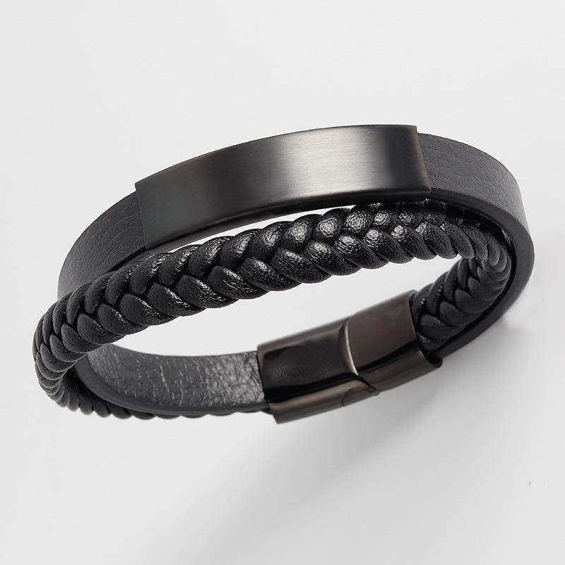 Bracelet en cuir tressé "Cloudy Plate" avec gravure gratuite