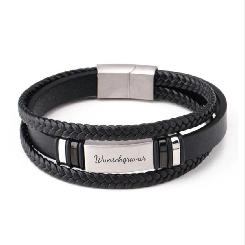 Bracelet en cuir noir "Leather & Plate" avec gravure