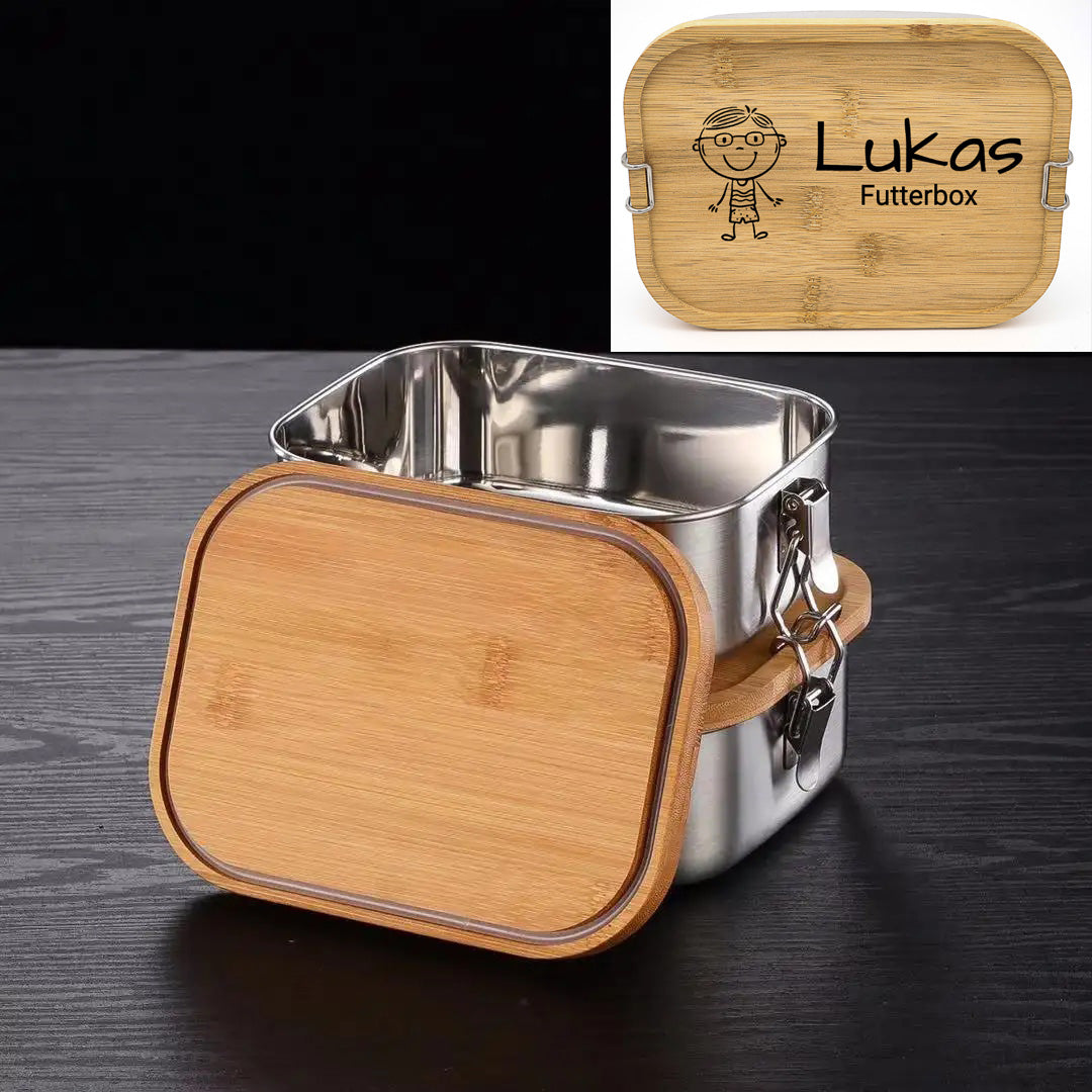 Boîte à pain personnalisée / boîte à lunch gravée en acier inoxydable avec couvercle en bambou et gravure